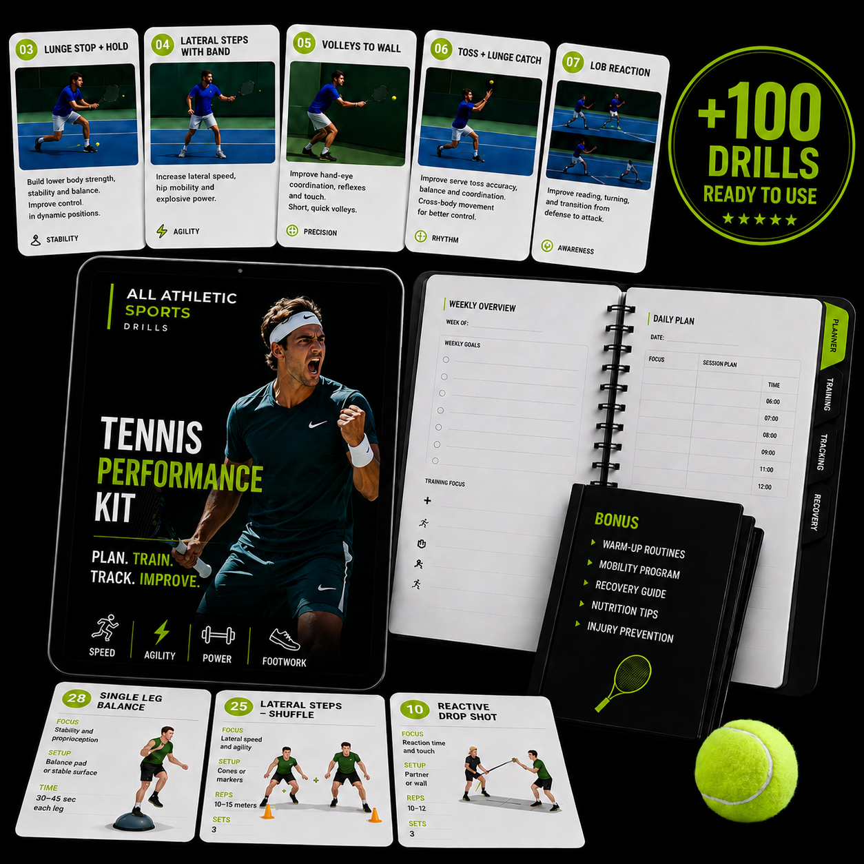 TENNIS Athletic Kit mockup with drill cards, planner and coach guides