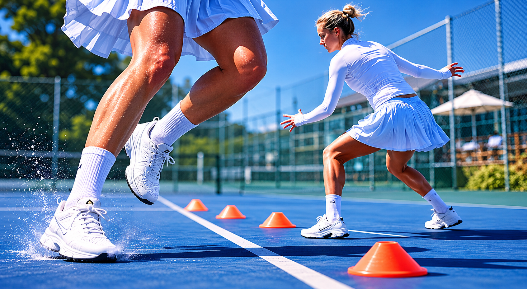 Lime green tennis shoe in motion — explosive court movement